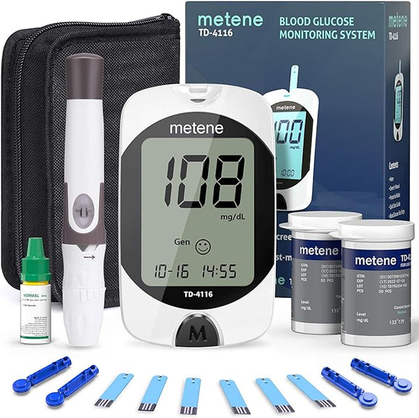 Metene TD-4116 Blood Glucose Monitor Kit, 100 Glucometer Strips, 100 Lancets, 1 Blood Sugar Monitor, Blood Sugar Test Kit with Control Solution, Lancing Device, No Coding, Large Display